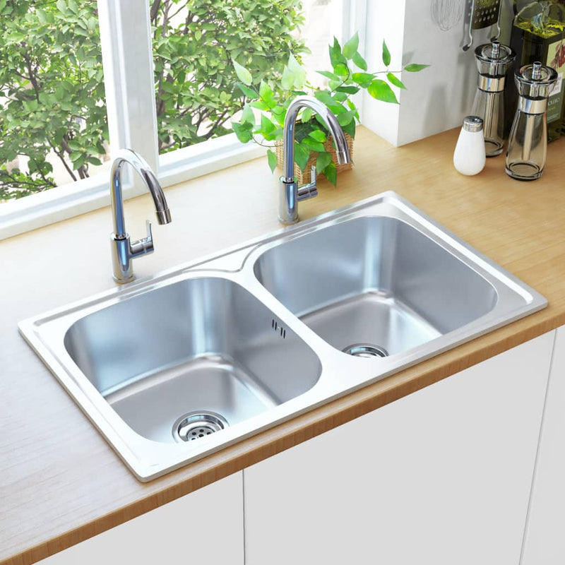 vidaXL Kitchen Sink Stainless Steel Waste Kit Single/Double Basin Multi Sizes-12