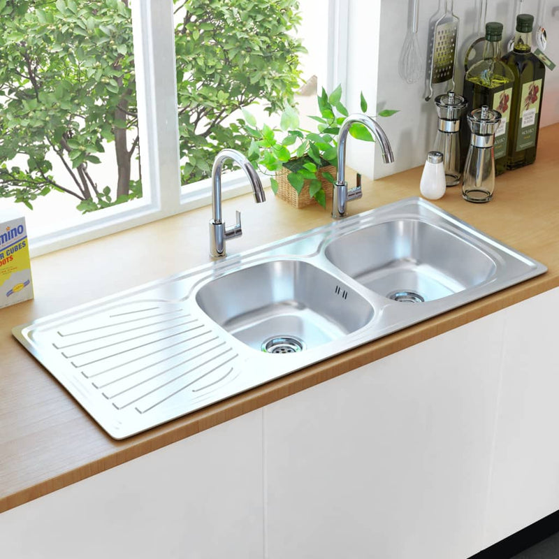 vidaXL Kitchen Sink Stainless Steel Waste Kit Single/Double Basin Multi Sizes-17