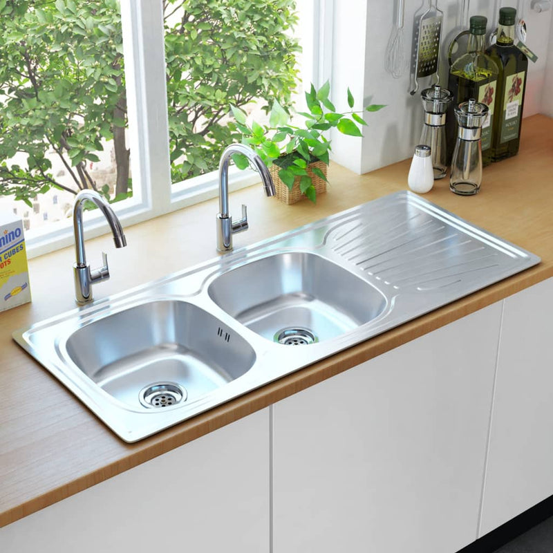 vidaXL Kitchen Sink Stainless Steel Waste Kit Single/Double Basin Multi Sizes-15