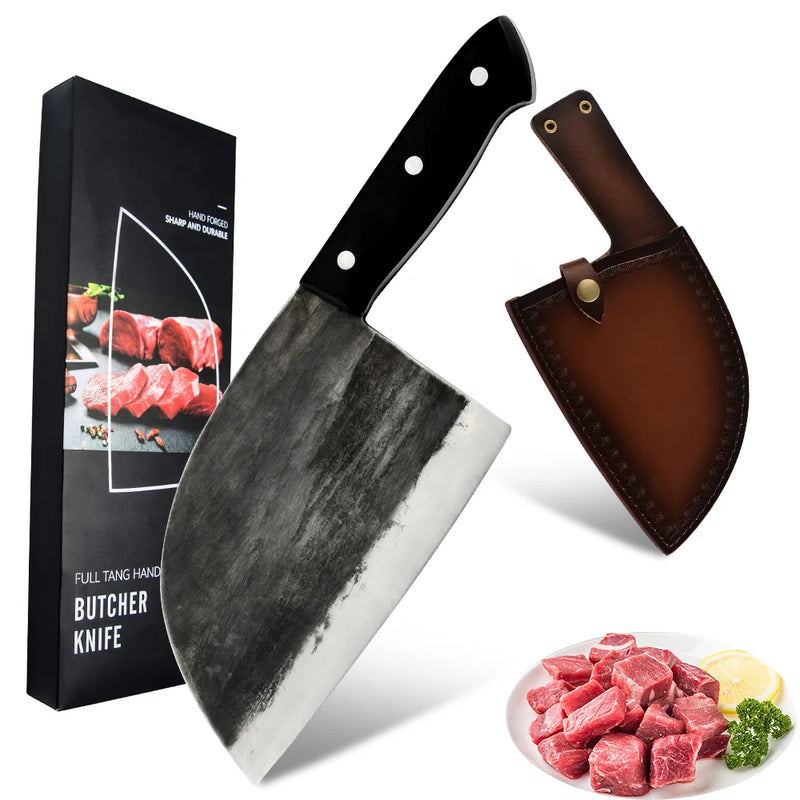 Full Tang Chef Camping Serbian Butcher Knife Gift Box Cover Sheath Handmade Forged Clad Steel Kitchen Cleaver Broad Knife Tool