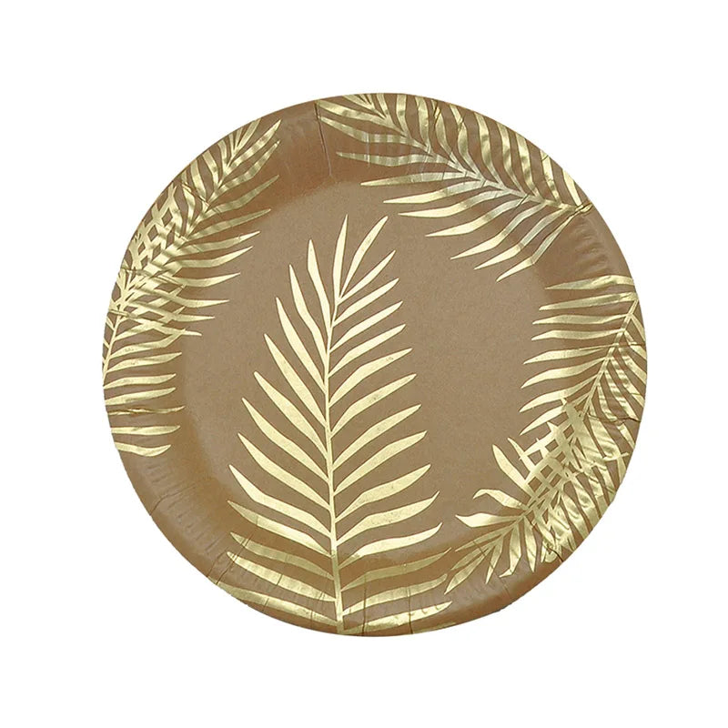 32pcs 8Guests Disposable Palm Leaf Kraft Gold Foil Tableware Sets Plates Cups Napkins Birthday Party Wedding Decration Eco