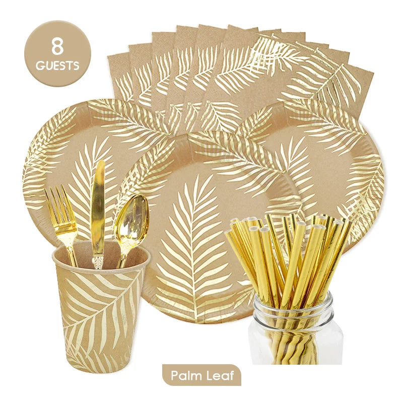 32pcs 8Guests Disposable Palm Leaf Kraft Gold Foil Tableware Sets Plates Cups Napkins Birthday Party Wedding Decration Eco