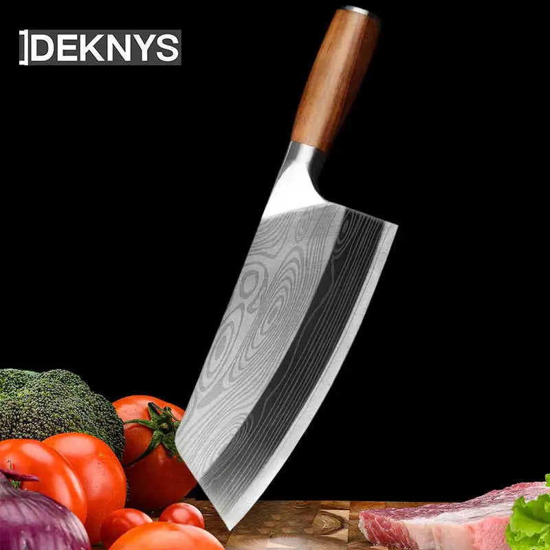 Kitchen Butcher Knife Laser Damascus japanese Chef Knife Stainless Steel Knife Meat Cleaver With Wooden Handle Chef Knife