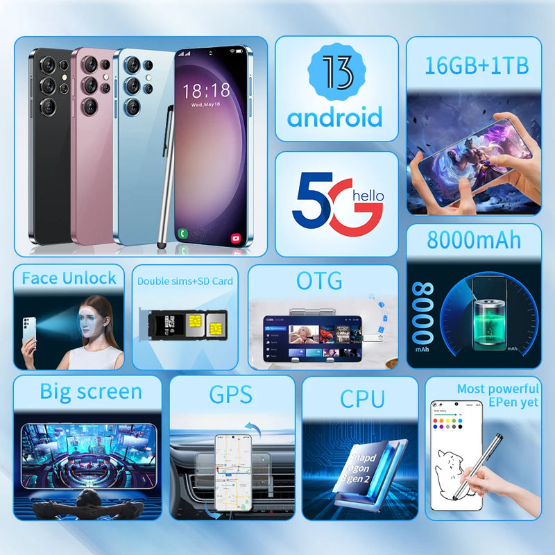 Brand New Original S23 Ultra Smartphone 7.3 Inch HD Full Screen Face ID 16GB+1TB Mobile Phones Global Version 4G 5G Cell Phone