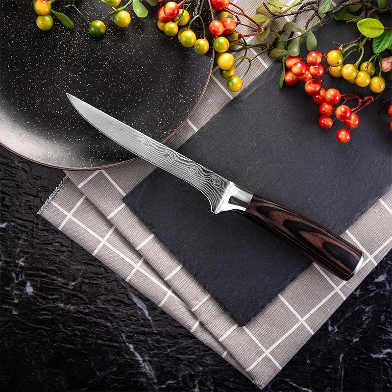 Kitchen Knife Boning Knife Damascus Laser Pattern Butcher Knife Stainless Steel Bone Meat Fruit Vegetables Fish Chef Knife