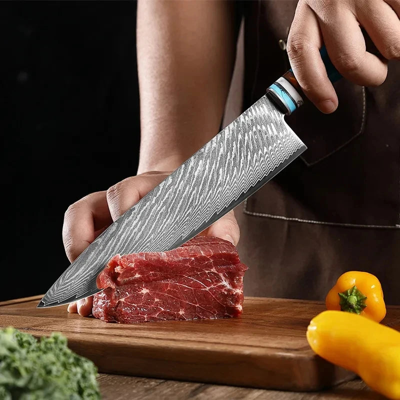 Damascus Steel Japanese Knives Kitchen Chef Knife Meat Cleaver Utility Slicing Santoku Bread Cooking Butcher with Resin Handle