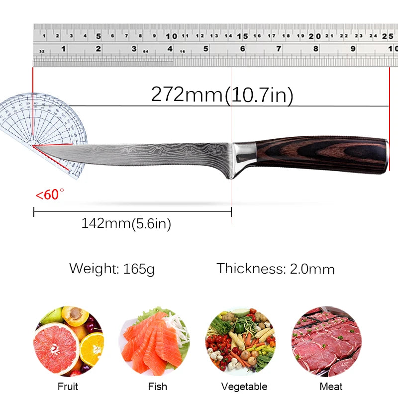 Kitchen Knife Boning Knife Damascus Laser Pattern Butcher Knife Stainless Steel Bone Meat Fruit Vegetables Fish Chef Knife