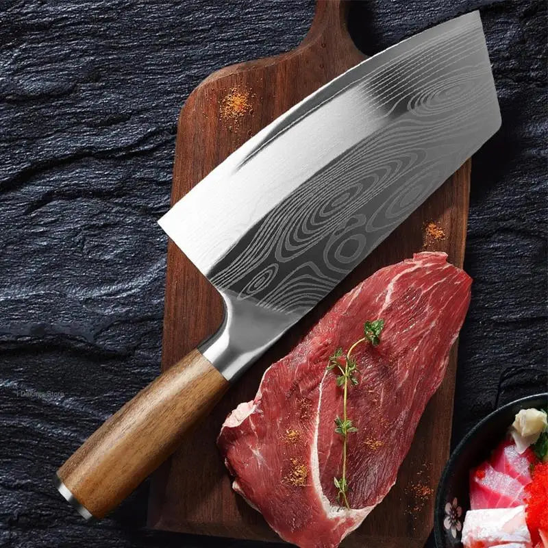 Kitchen Butcher Knife Laser Damascus japanese Chef Knife Stainless Steel Knife Meat Cleaver With Wooden Handle Chef Knife