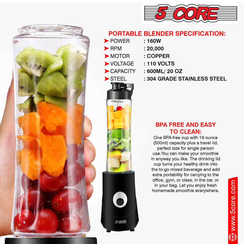 5 Core Personal Blender 20 Oz Capacity BPA Free Food Processor w 600ml Portable Travel Bottle 160W Electric Motor Powerful Food Processor -5C421-7