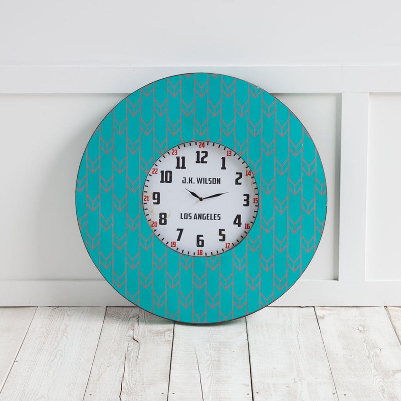 33" Oversize Contemporary Teal and Red Wall Clock with Dense Pattern and 'JK Wilson Los Angeles'-0