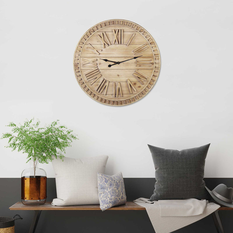 32 Round Natural Wood Face Roman Numeral Wall Clock-1