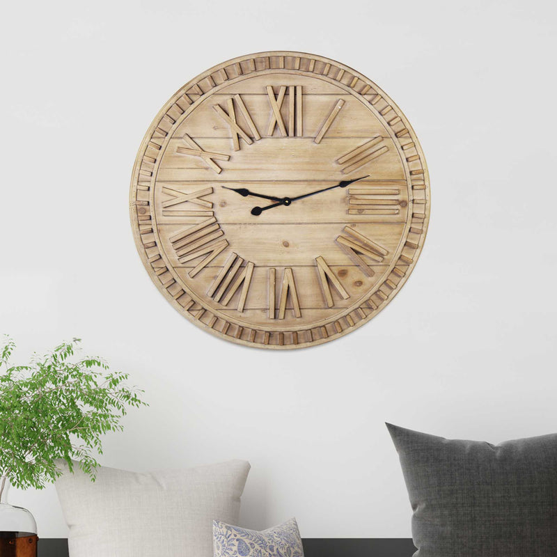 32 Round Natural Wood Face Roman Numeral Wall Clock-3