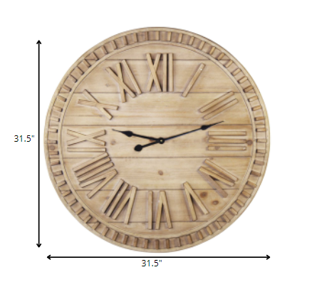 32 Round Natural Wood Face Roman Numeral Wall Clock-4