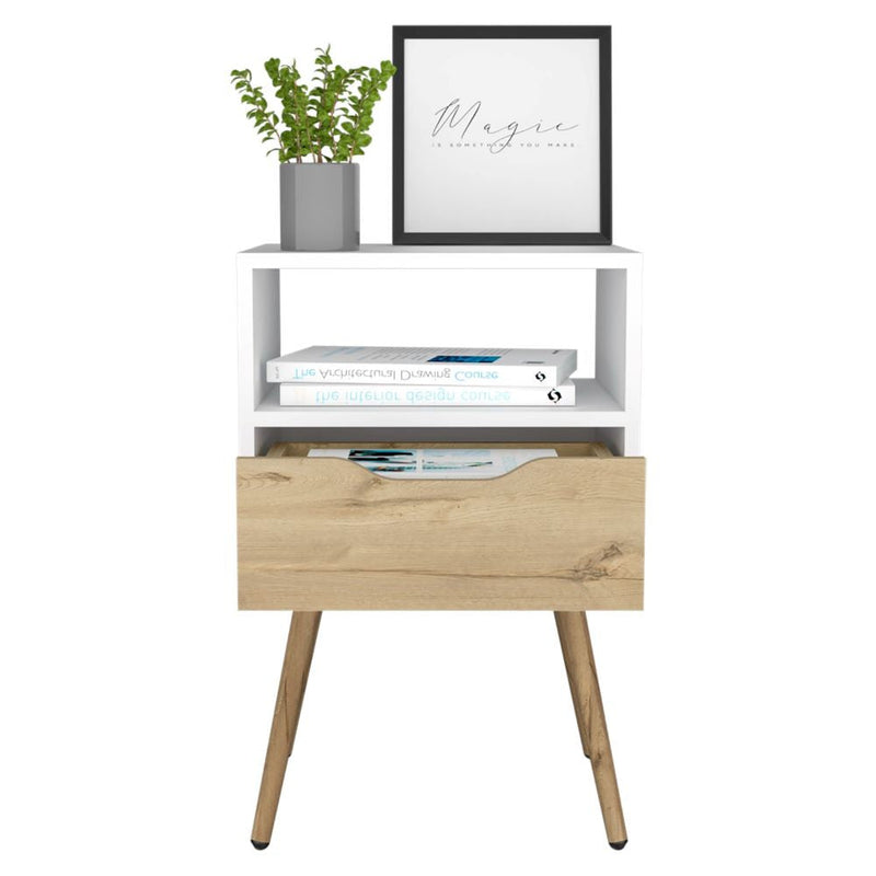 Nightstand  Fugaz, Open Shelf, Single Drawer, White / Light Oak Finish-2