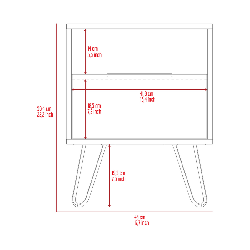 Nightstand Skyoner, Single Drawer, Hairpin Legs, White Finish-7